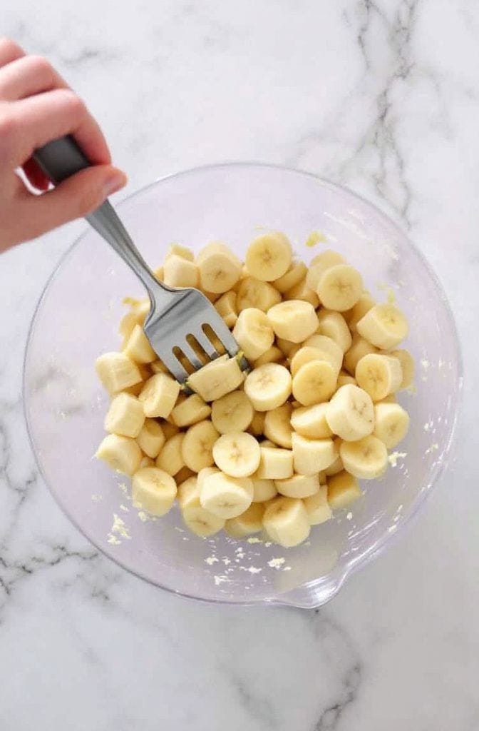 Mash ripe bananas in a large bowl until smooth for banana blueberry oatmeal breakfast cookies