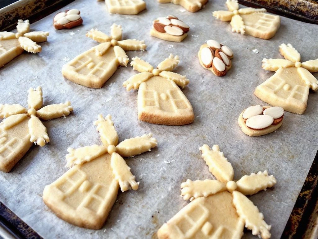 Traditional Dutch windmill cookies with almonds arranged on a baking sheet